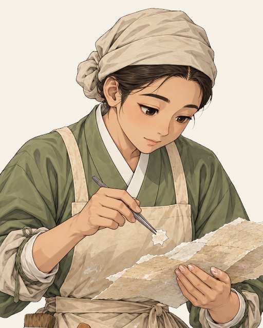 머릿수건을 쓰고 핀셋으로 찢어진 한지를 맞추는 백연